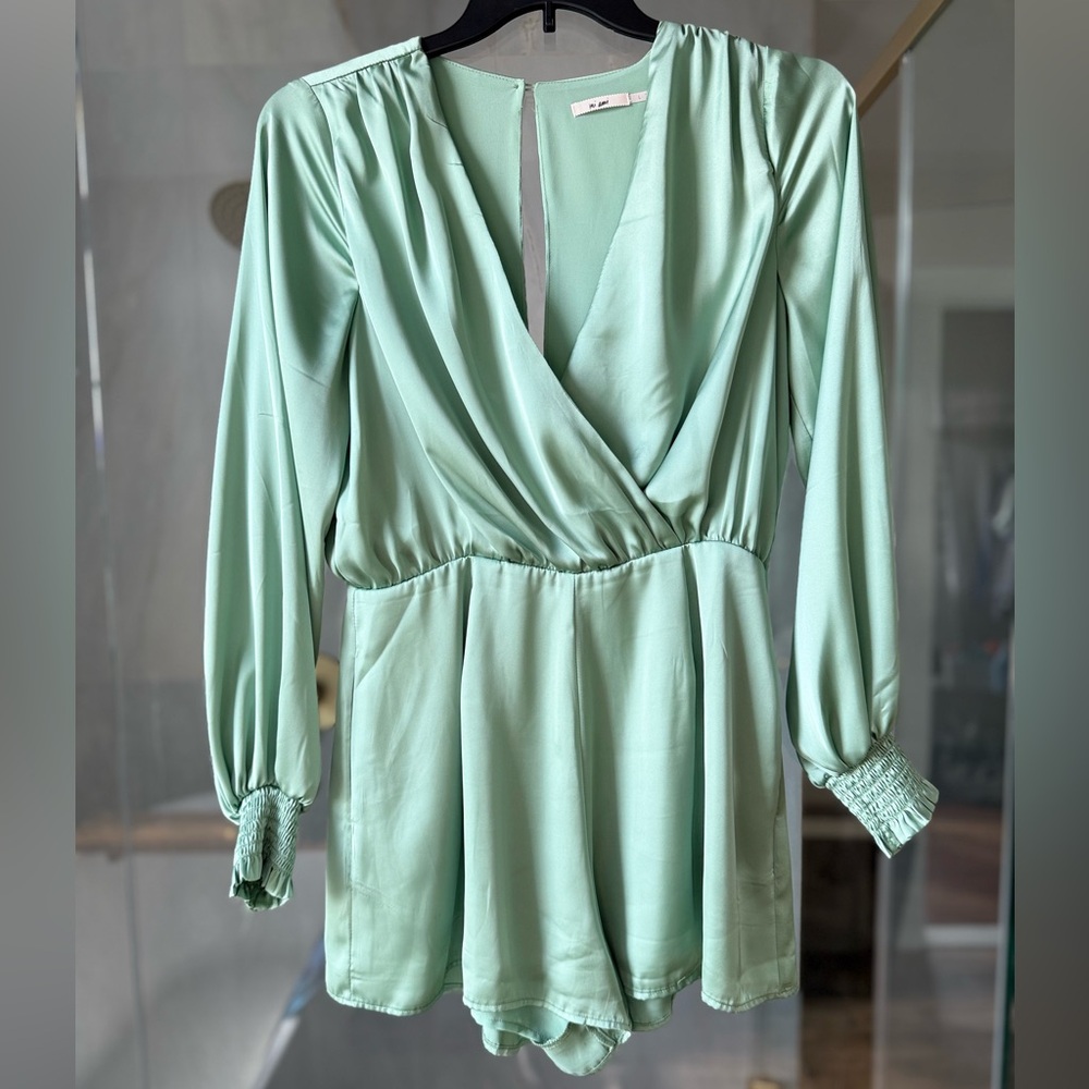 Francesca’s mi ami Mint Green Satin Jumpsuit